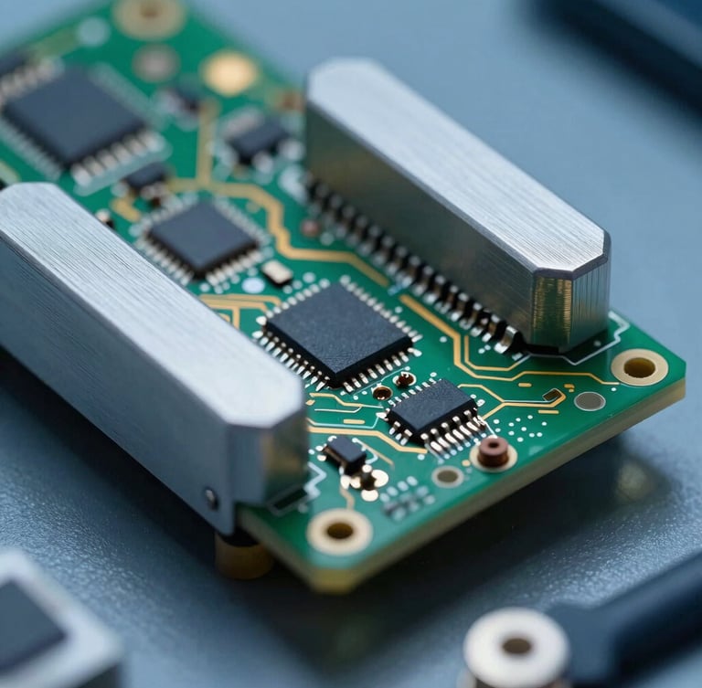 Macro photography of a ruggedized military-grade PCB assembly, green and gold traces, heavy aluminum enclosure, cool metallic laboratory lighting