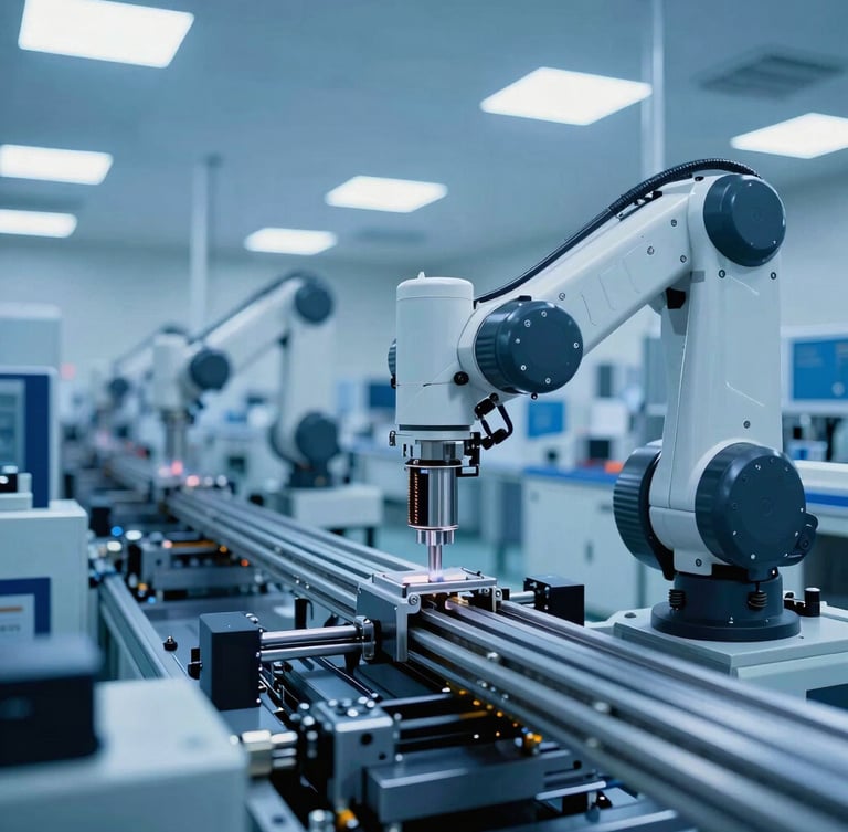 Wide-angle cleanroom manufacturing facility in Dubai, technical cool blue lighting, robotic SMT assembly line, high-precision atmosphere.