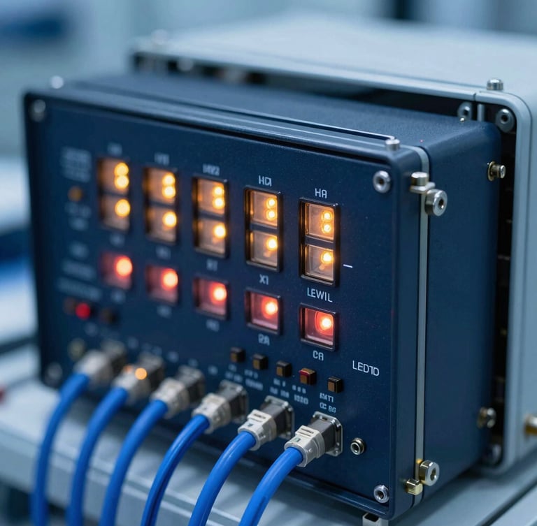 Close-up of an aerospace electronics testing rack in a cleanroom, glowing LED indicators, blue wire bundles, high-contrast technical lighting
