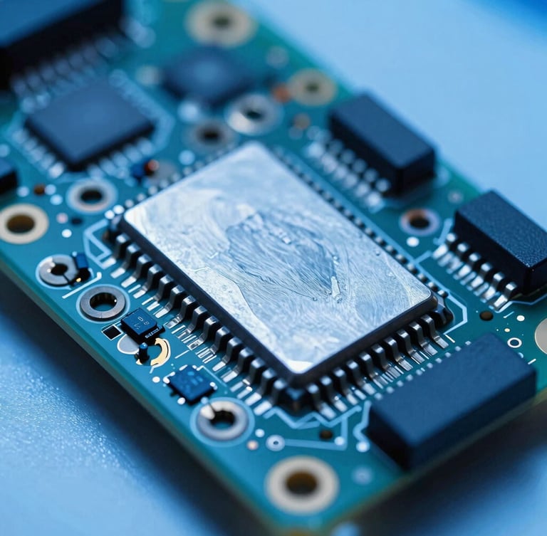 Macro shot of a ruggedized PCB assembly with metallic shielding, cool blue laboratory lighting, high-contrast technical details, shallow depth of field