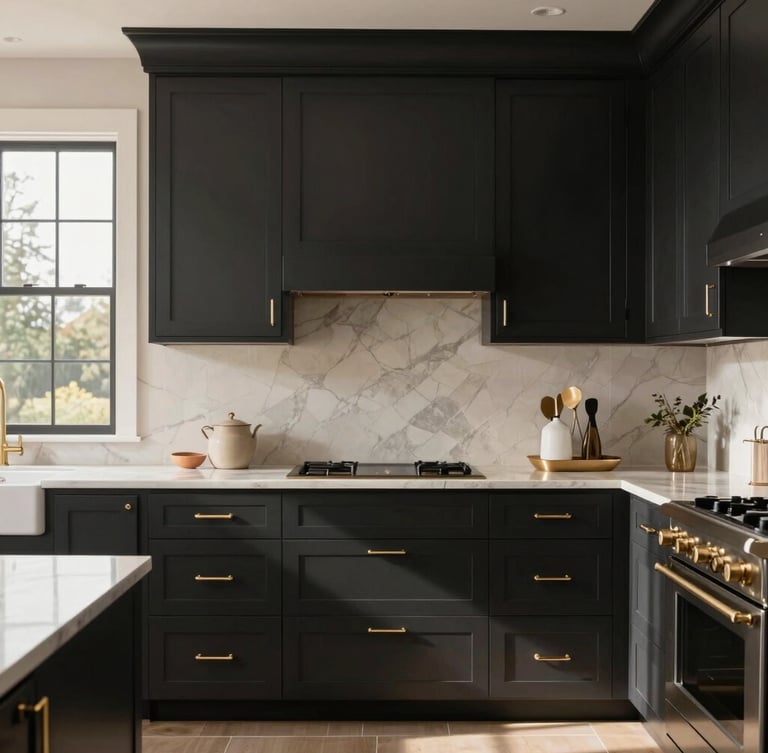 Straight-on editorial architectural photograph of a luxury kitchen in Lake Oswego, soft morning light reflecting off pristine matte black cabinets, champagne gold hardware detail, high-end interior design