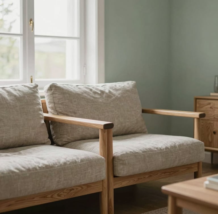 A light-flooded Scandinavian living room with soft oak furniture, linen fabrics, and a subtle sage green accent wall, soft natural window daylight, 35mm photography