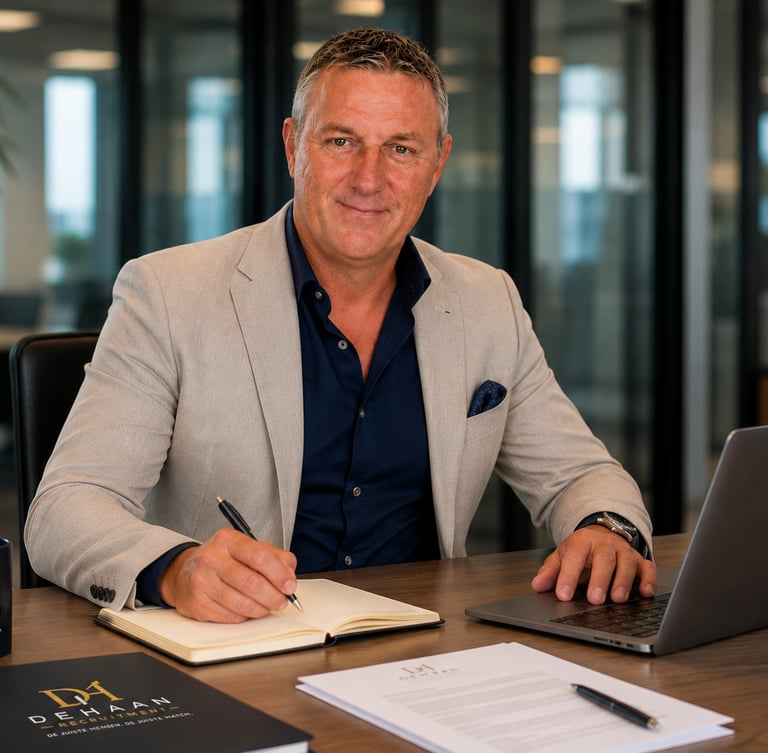 Professional recruitment consultant working at a desk with a laptop, notebook, and De Haan Recruitment coffee mug.