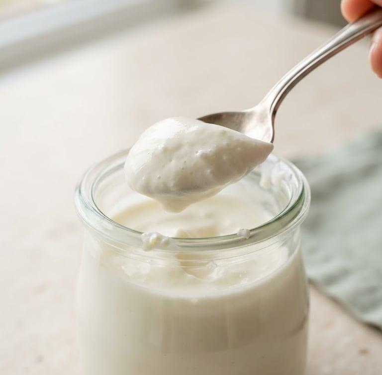 Macro close-up of thick, velvety yogurt on a silver spoon, elegant glass jar on a clean stone countertop, soft natural morning daylight, minimalist cream and sage tones