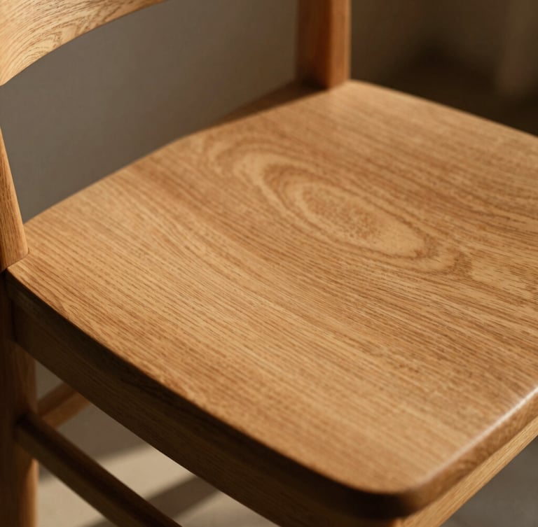 Close-up of a sun-drenched solid oak chair with rich grain textures, warm low-angle afternoon sunlight casting soft long shadows, 35mm photography