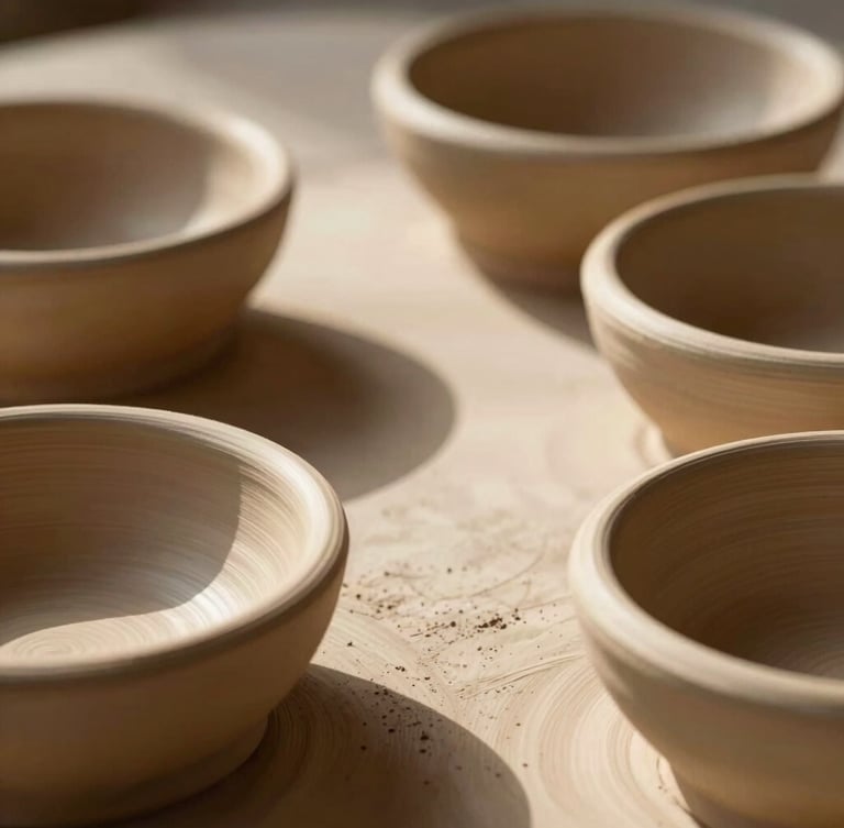 Macro shot of hand-thrown stoneware pottery rims resting on raw plaster, warm low-angle afternoon sunlight casting long soft shadows, 35mm