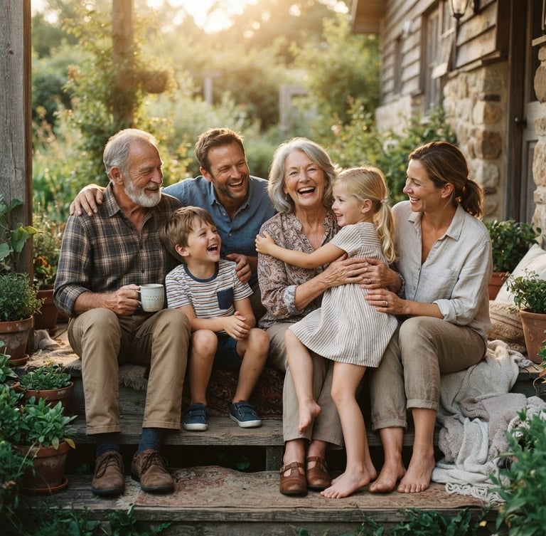 A warm candid portrait of a multi-generational family sitting together on a sunlit porch in soft, golden-hour natural light, rich organic tones