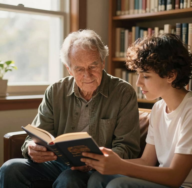 Candid portrait of an elderly community leader and a young student sharing a book under warm window light in a local library, rich organic tones.