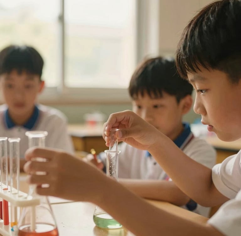 A close-up candid shot of hands guiding a student through a science experiment in a classroom, soft window light, warm tones, authentic framing.