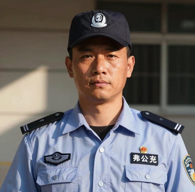 Portrait of a proud security worker looking directly at the camera, wearing clean everyday work uniform, warm natural sunlight with high-contrast shadows, authentic and dignified