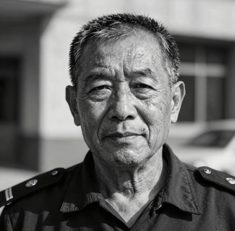 Close-up portrait of an older security worker with a proud expression, warm natural sunlight casting deep shadows, black and white editorial style, looking directly at the camera.