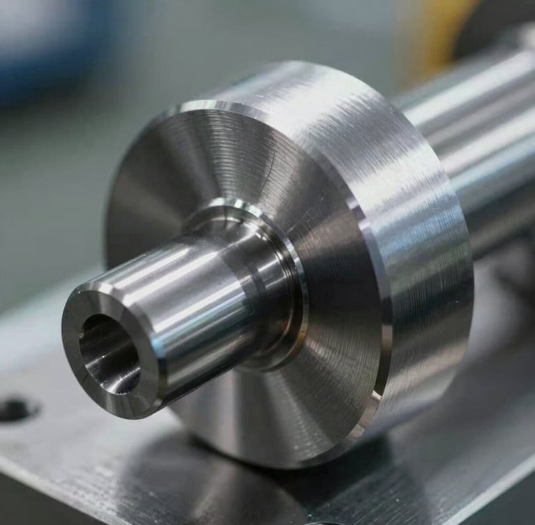 Macro detail shot of a precision-machined steel billet showing clean toolpaths, cool industrial lighting