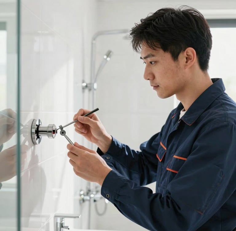 A professional technician in a clean navy uniform working with precise tools on a modern bathroom installation, bright natural light, clean environment