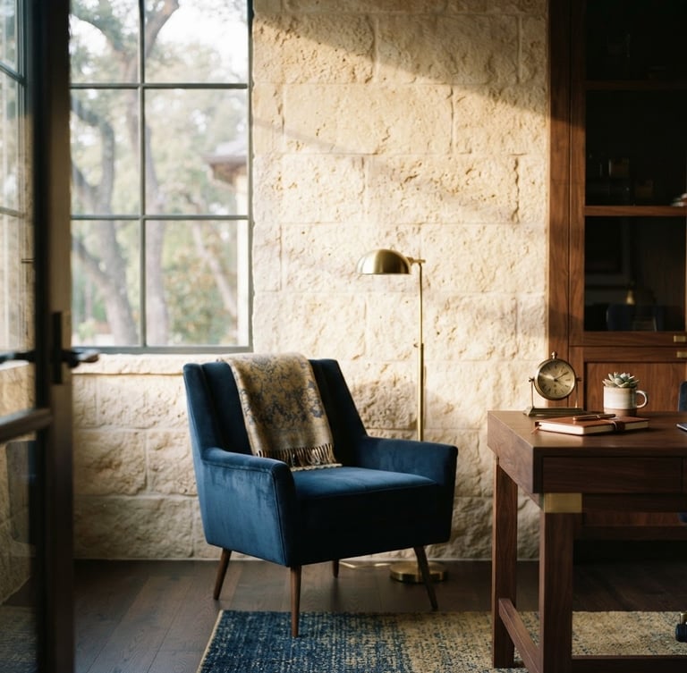 Quiet, high-end architectural detail of a private office, sunlit limestone facade, soft morning window light, shallow depth of field, deep navy and muted gold tones, 35mm