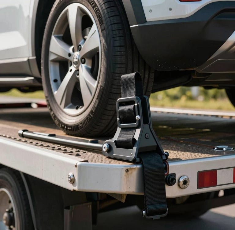 Close-up of a secure wheel strap and towing mechanism holding a car safely on a flatbed tow truck, bright daylight roadside scene.