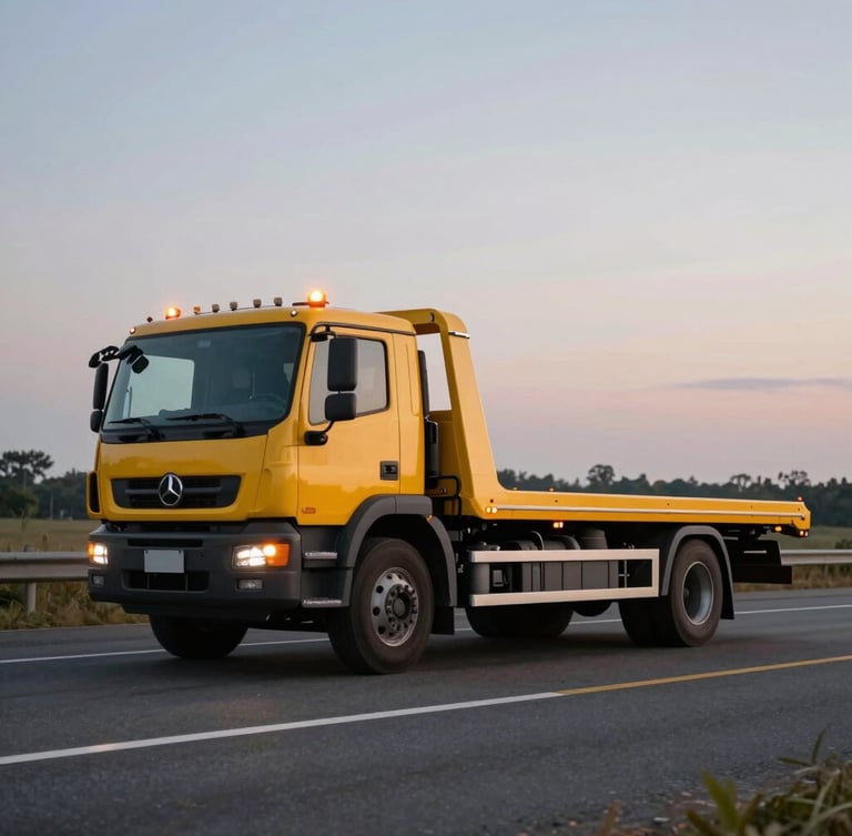 Wide environmental shot of a modern yellow flatbed tow truck parked safely on a highway shoulder at dusk, amber warning lights flashing, clean composition with negative space on the right.
