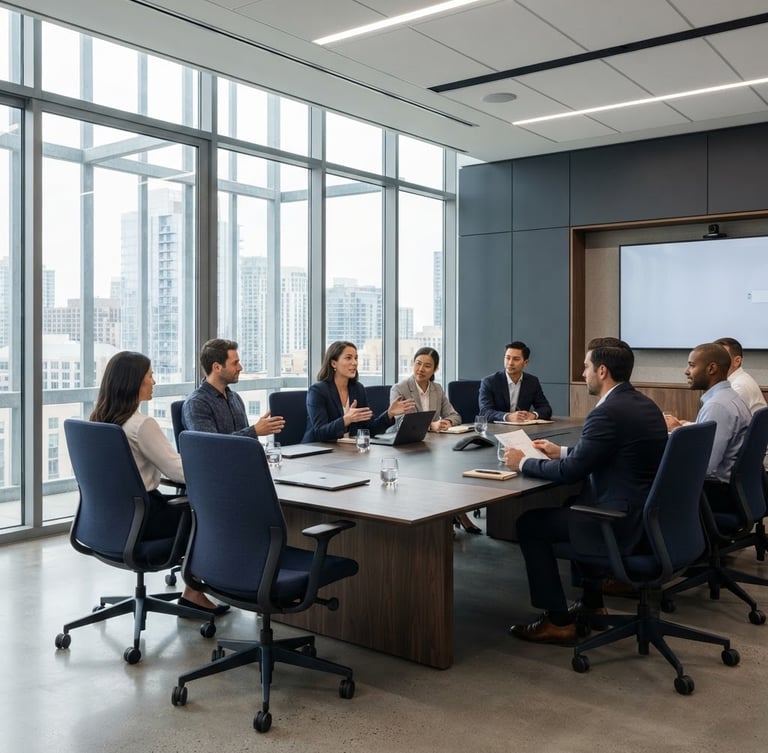 Sharp corporate photography of a modern structured boardroom, clean architectural lines, neutral daylight, cool slate tones, 35mm