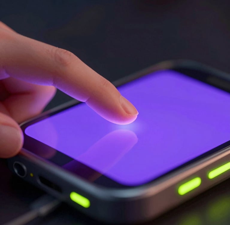 Macro close-up of a finger interacting with a glowing cyber violet mobile screen, self-illuminated buttons, dark ambient background with electric lime accents, sleek 3d render, octane render