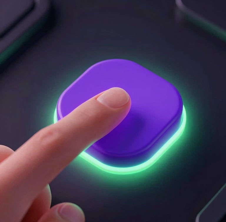Sleek 3D render of a glowing neon cyber-violet button being pressed by a finger, macro close-up, dark ambient background with electric lime backlight, octane render.
