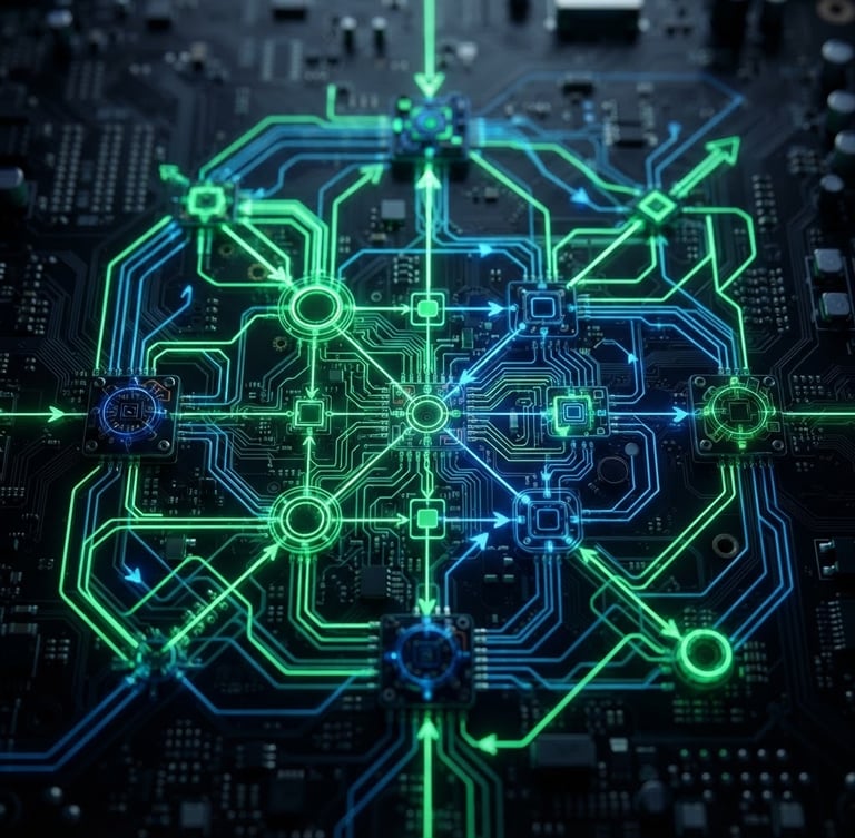 High-contrast technical schematic diagram of a database cluster with neon green and deep blue paths, glowing nodes, dark-mode technical photography style, macro focus, 35mm