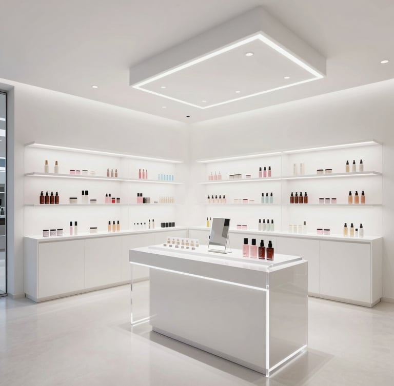 Bright minimalist cosmetic boutique interior with seamless acrylic counters, architectural lighting, sharp focus, premium retail design