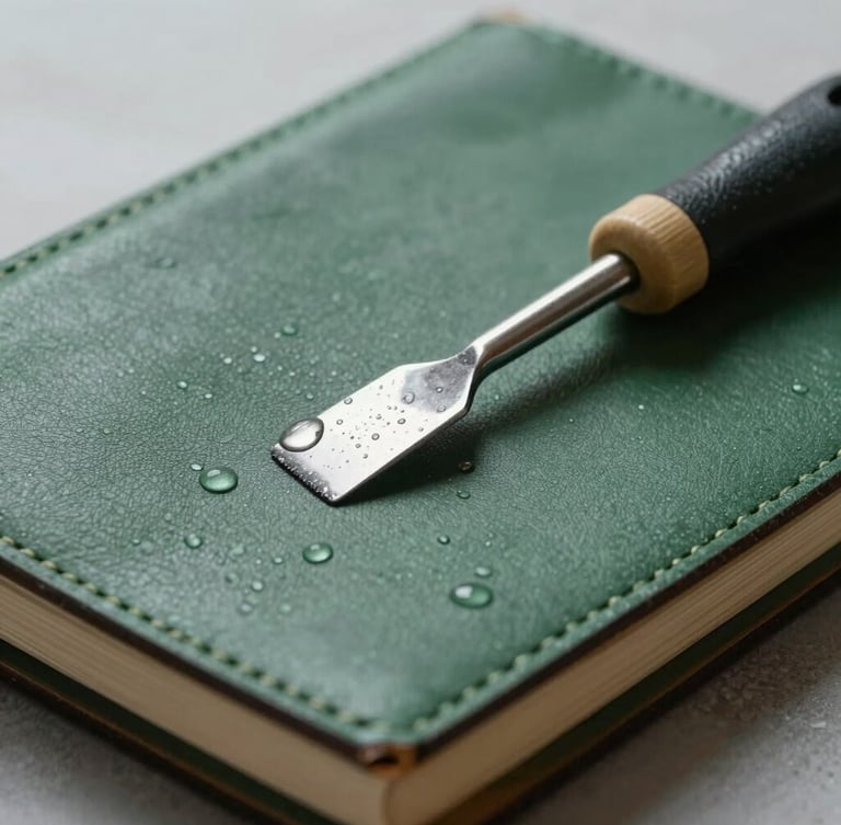 Low-angle close-up of a leather yardage book and a metal divot tool resting on a pristine green, morning dew, crisp overcast light.