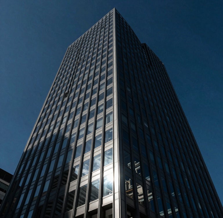 Low-angle dramatic architectural shot of a modern glass skyscraper reflecting a deep blue sky, sharp side-lighting, high contrast, 35mm lens
