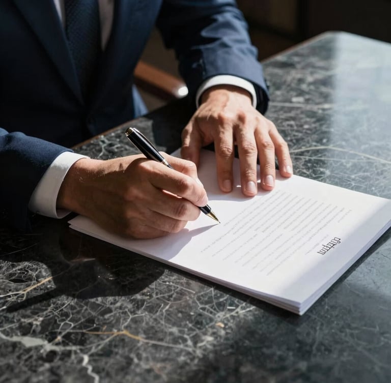 Close-up of hands in tailored suits signing a heavy document on a dark marble table, sharp side-lighting, dramatic shadows, premium fountain pen visible