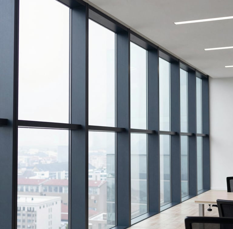 Crisp architectural photography of a modern structured office room, bright natural window light, sharp focus, 35mm
