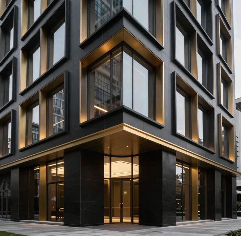 Wide architectural angle of a modern luxury executive office, clean lines, deep obsidian and metallic gold accents, soft diffused premium lighting, 35mm