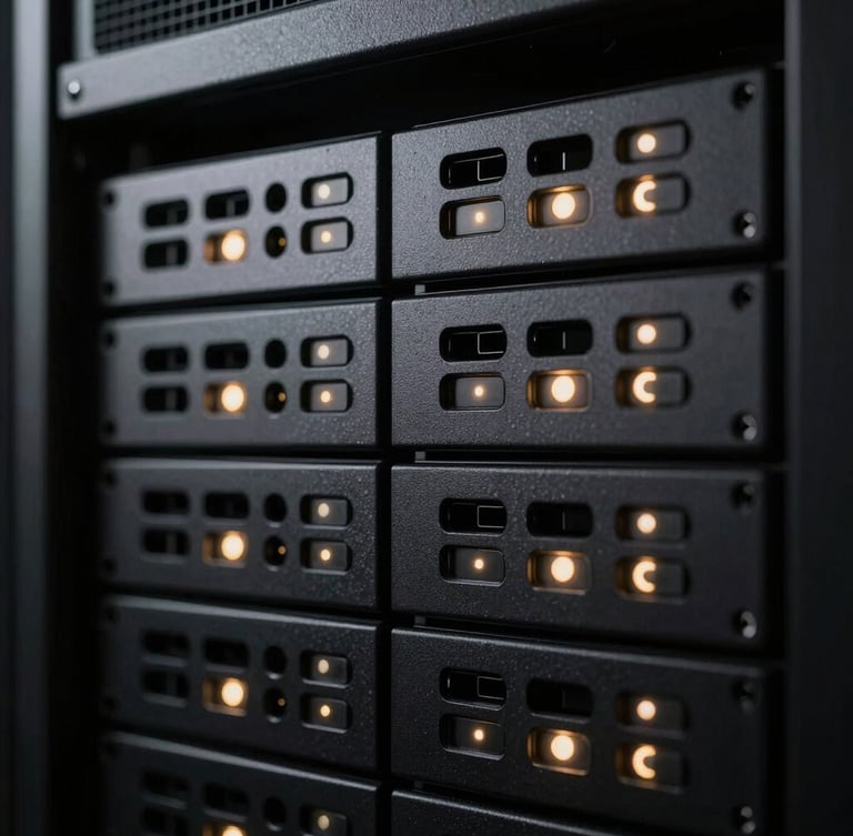 Sleek obsidian server rack with glowing soft gold status lights, dramatic low-key studio lighting, macro focus, 35mm.