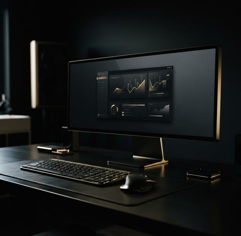 Sleek modern workspace with a premium display showing a minimalist dark UI, dramatic low-key studio lighting with sharp gold highlights, deep obsidian tones, 35mm.