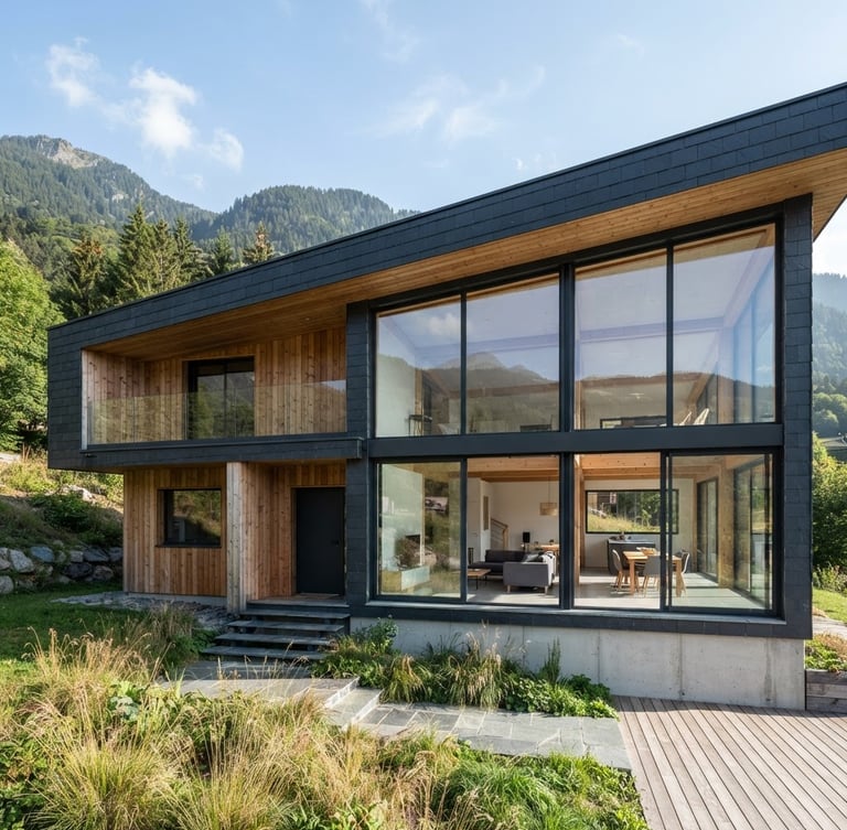 Vue architecturale d'une maison contemporaine bioclimatique à ossature bois, lignes épurées, grand vitrage performant orienté sud, lumière naturelle vive, tons ardoise et bleu technique.