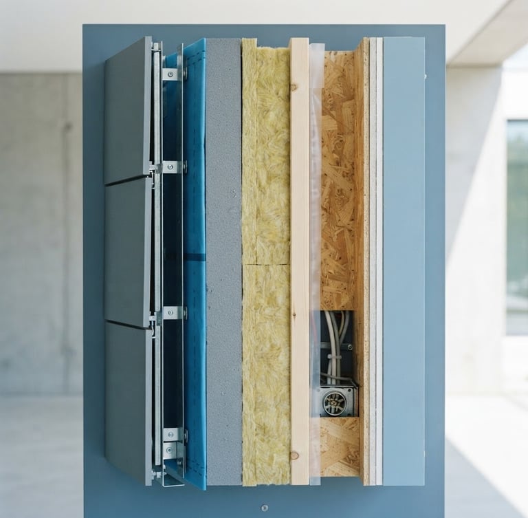 Technical blueprint cross-section of a modern energy-efficient wall insulation layer, crisp architectural lines, bright natural daylight, slate blue tones