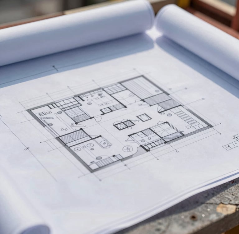 Close-up of a technical architect inspecting a blueprint on a construction site, sharp focus, natural daylight, blue and slate tones