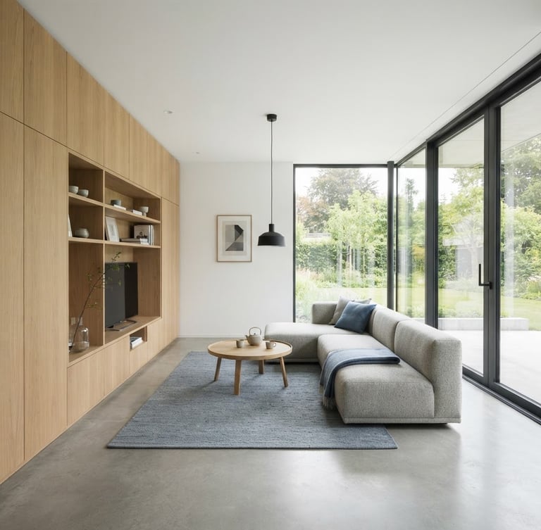 Clean architectural photography of a modern minimalist living room with custom oak cabinetry, large windows letting in bright natural daylight, precise geometry, high sharpness