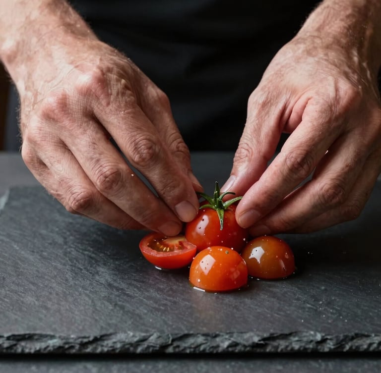 Tactile macro shot of a chef's hands carefully plating a vibrant heirloom tomato dish, moody natural side-lighting, dark slate background.
