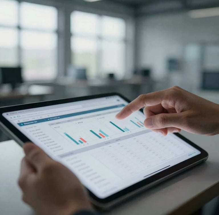 Close-up of hands interacting with a clean data dashboard on a tablet, showing real-time sales pipeline metrics, diffused natural light from a window, desaturated cool tones, high contrast, industrial facility in soft focus background.