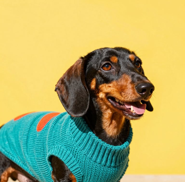 Vibrant pet photography, bright natural daylight, cheerful solid yellow backdrop, close-up eye-level shot of a happy Dachshund wearing a perfectly fitted colorful teal knitted sweater, 35mm