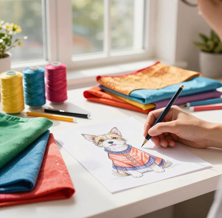 An artisanal sewing workshop with colorful fabrics, threads, and a designer sketching pet clothing, warm sunlight filtering through a window