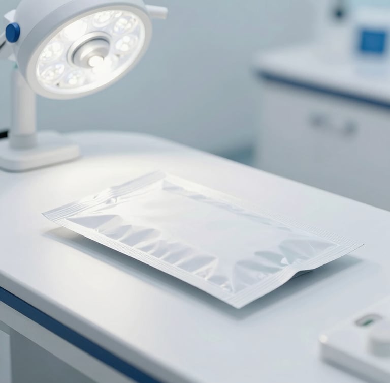 Pristine, unopened medical packaging on a sterile white clinic table, bright high-key clinical light, sharp focus, professional medical aesthetic
