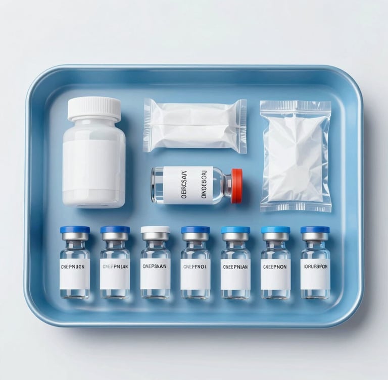 Crisp overhead flatlay of medical consumables and sterile vials arranged neatly on a clinical blue metal tray, bright high-key lighting.
