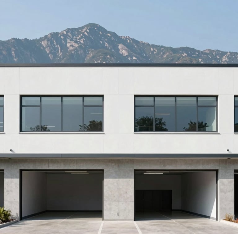 Symmetrical eye-level architectural shot of a modern commercial property exterior with clean lines, concrete loading bays, and large windows under crisp mountain daylight, 35mm lens.