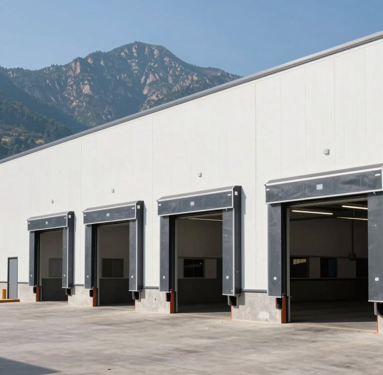 Crisp architectural photography of a commercial warehouse exterior with high-clearance loading bays, clean concrete floors, bright natural mountain daylight, 35mm lens.