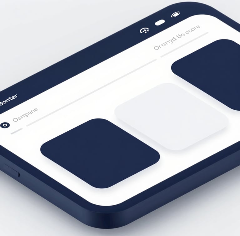 Sleek isometric device mockup showcasing clean web interfaces with deep navy and cool white tones, macro depth of field