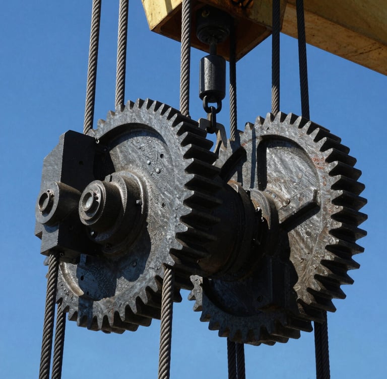 Close-up of industrial steel rigging cables and heavy crane gears under harsh direct sunlight, high contrast, sharp focus on mechanical textures