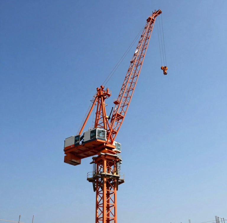 Low-angle dramatic industrial photography of a massive orange crawler crane on an active construction site, harsh direct sunlight, high contrast, sharp focus