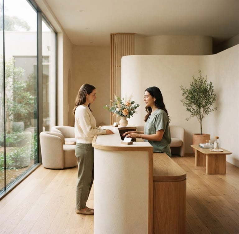 Serene, modern medical clinic interior with soft natural light, warm ivory walls, and clean architectural lines, elegant and quiet, 35mm photography