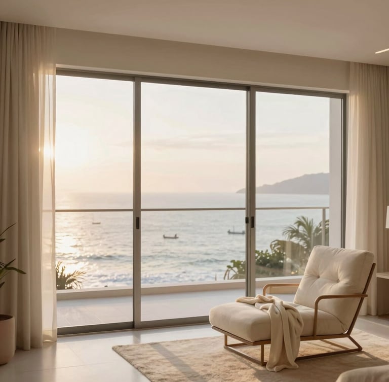 A bright, minimalist luxury apartment interior in Balneário Camboriú, large floor-to-ceiling windows showing a soft-focus ocean view at sunrise, warm ivory and beige textiles, a comfortable lounge chair with a soft throw blanket.