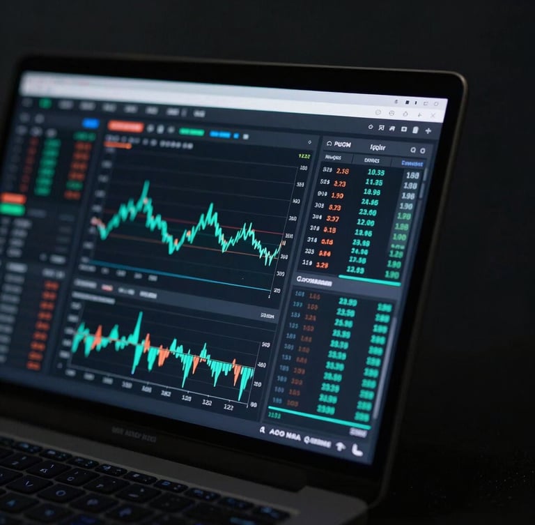 Sleek tech photography, low-key cool studio lighting, deep obsidian tones, sharp macro focus on a high-fidelity trading dashboard showing order flow charts, 35mm